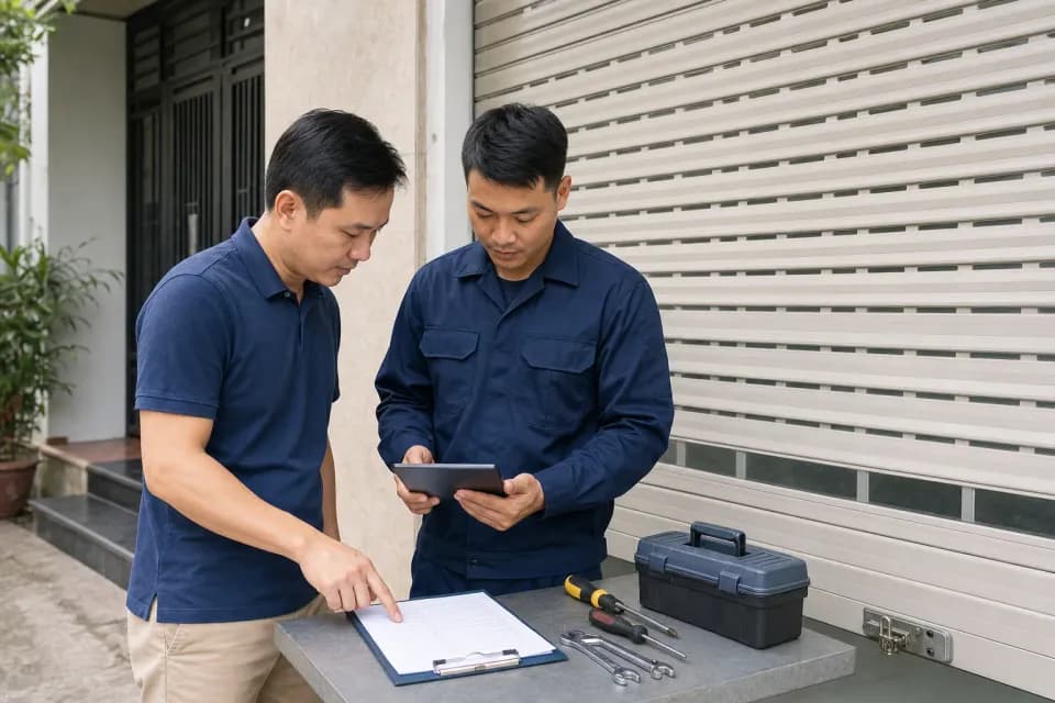 Khách hàng cùng kỹ thuật viên rà soát hạng mục báo giá sửa cửa cuốn