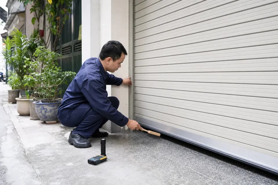 Kỹ thuật viên vệ sinh và kiểm tra phần ray dưới của cửa cuốn