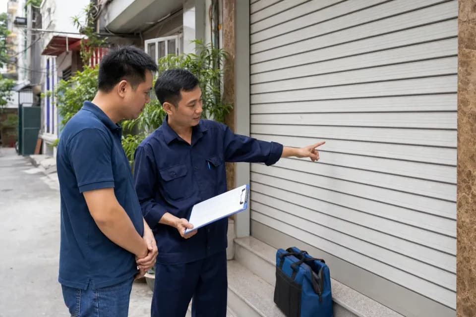 Kỹ thuật viên giải thích hạng mục kiểm tra cửa cuốn với khách hàng