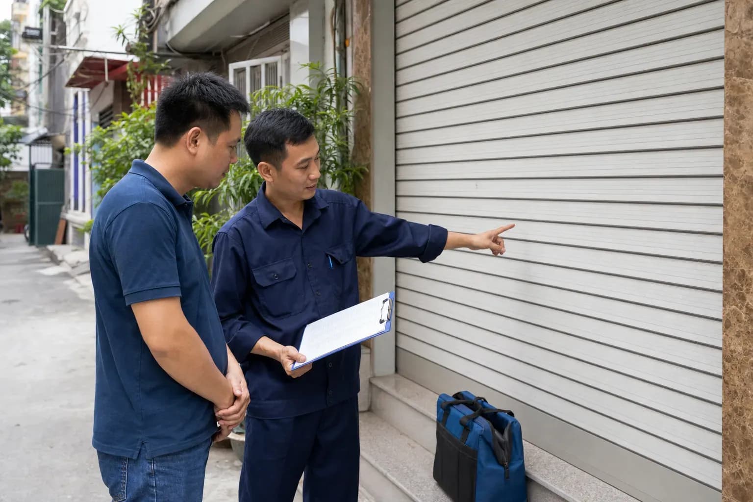 Kỹ thuật viên giải thích hạng mục kiểm tra cửa cuốn với khách hàng