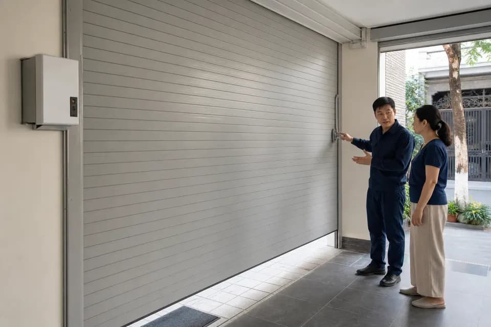 Kỹ thuật viên hướng dẫn phương án mở cửa cuốn khi mất điện tại nhà