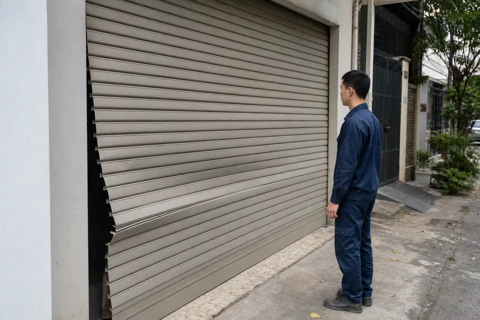 Cửa cuốn bị xô và bung nan ở một bên ray dẫn hướng