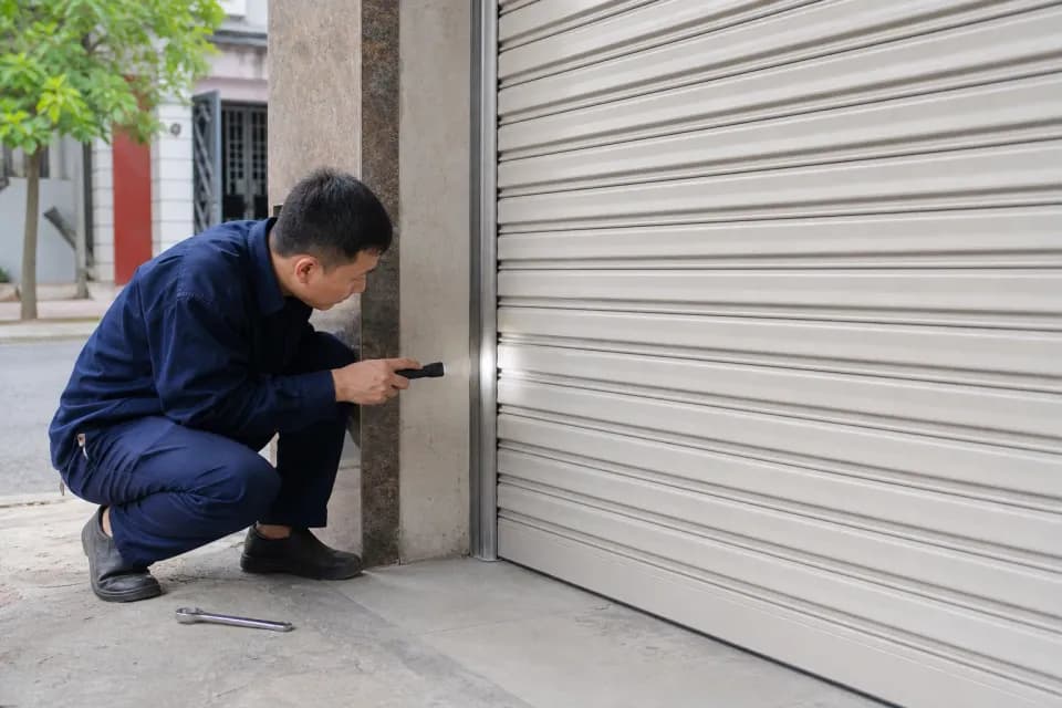 Kỹ thuật viên soi kiểm tra ray cửa cuốn để xác định vị trí tiếng kêu