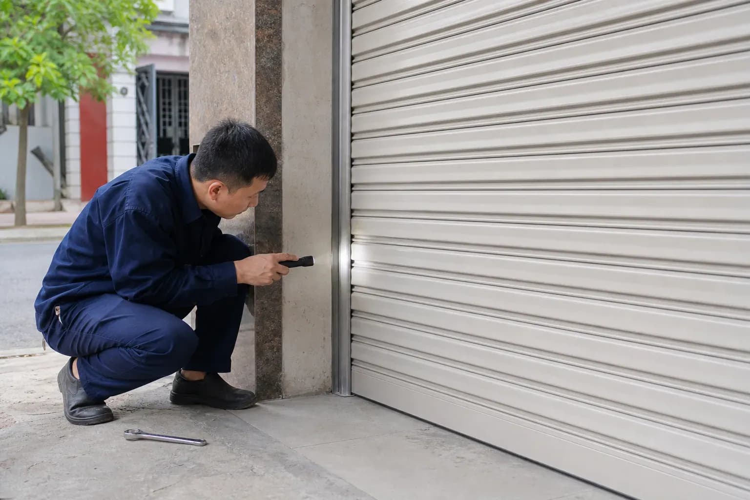 Kỹ thuật viên soi kiểm tra ray cửa cuốn để xác định vị trí tiếng kêu
