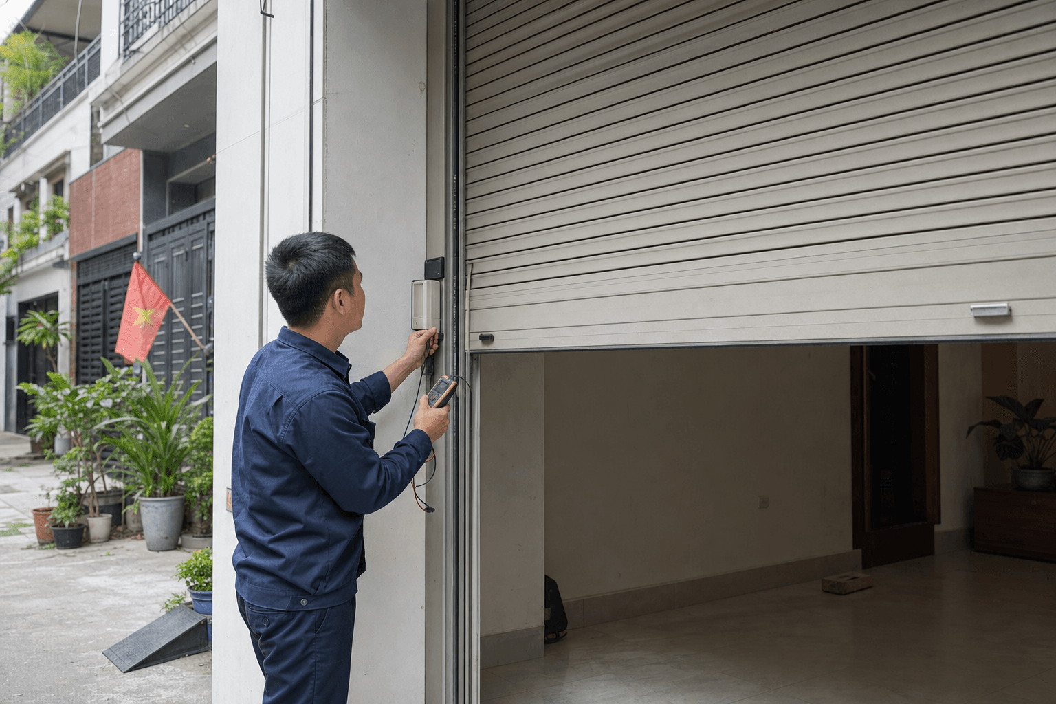 Kỹ thuật viên kiểm tra ray dẫn hướng và hộp điều khiển cửa cuốn tại nhà