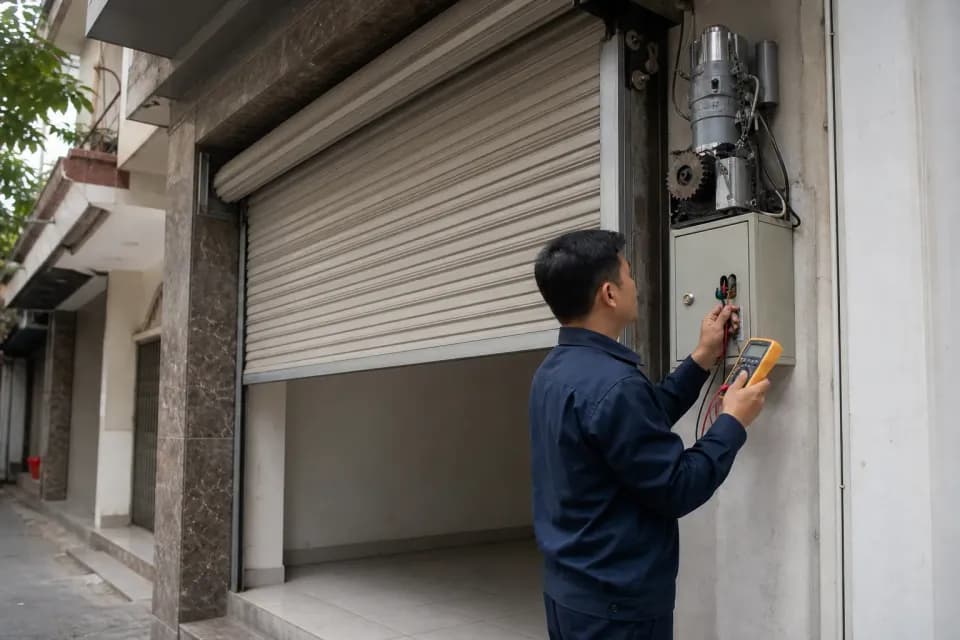 Kỹ thuật viên đo kiểm hộp điều khiển và motor cửa cuốn đang dừng