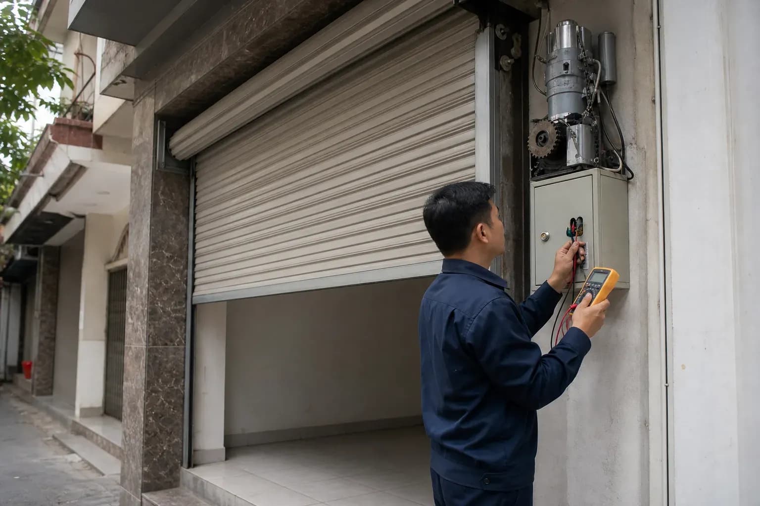 Kỹ thuật viên đo kiểm hộp điều khiển và motor cửa cuốn đang dừng