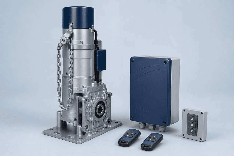 Minh họa kỹ thuật bộ motor và thiết bị điều khiển cửa cuốn
