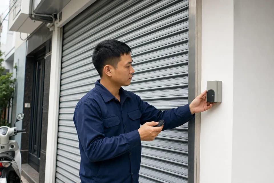 Kỹ thuật viên kiểm tra remote và hộp nhận bên cạnh cửa cuốn nhà phố