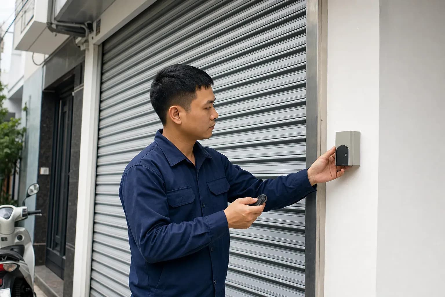 Kỹ thuật viên kiểm tra remote và hộp nhận bên cạnh cửa cuốn nhà phố